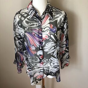 Nicola Sheer Butterfly Print 3/4 Ruffled Sleeve Button Front Blouse Size M